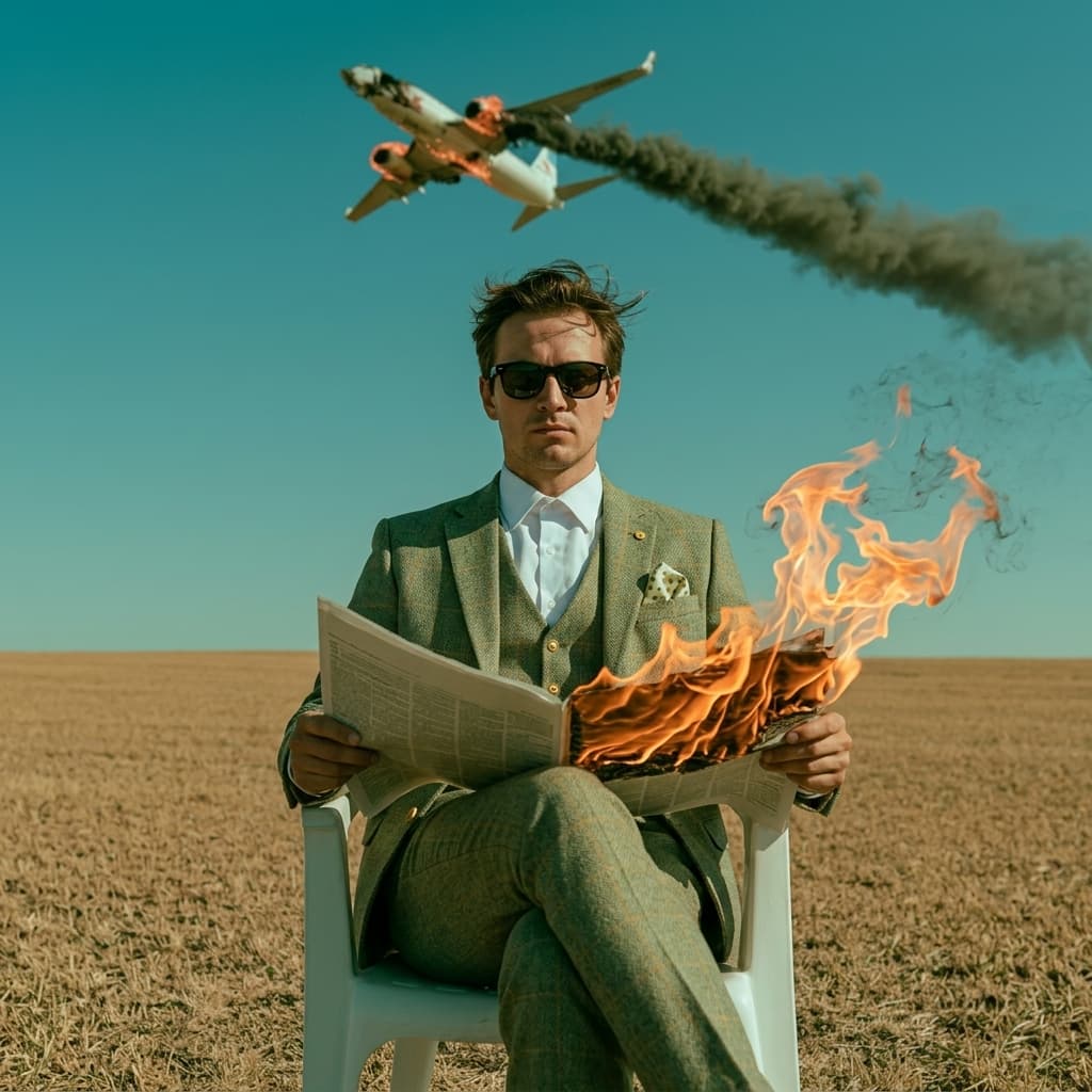 Surreal cinematic editorial of a woman reading a burning newspaper as a plane crashes behind her