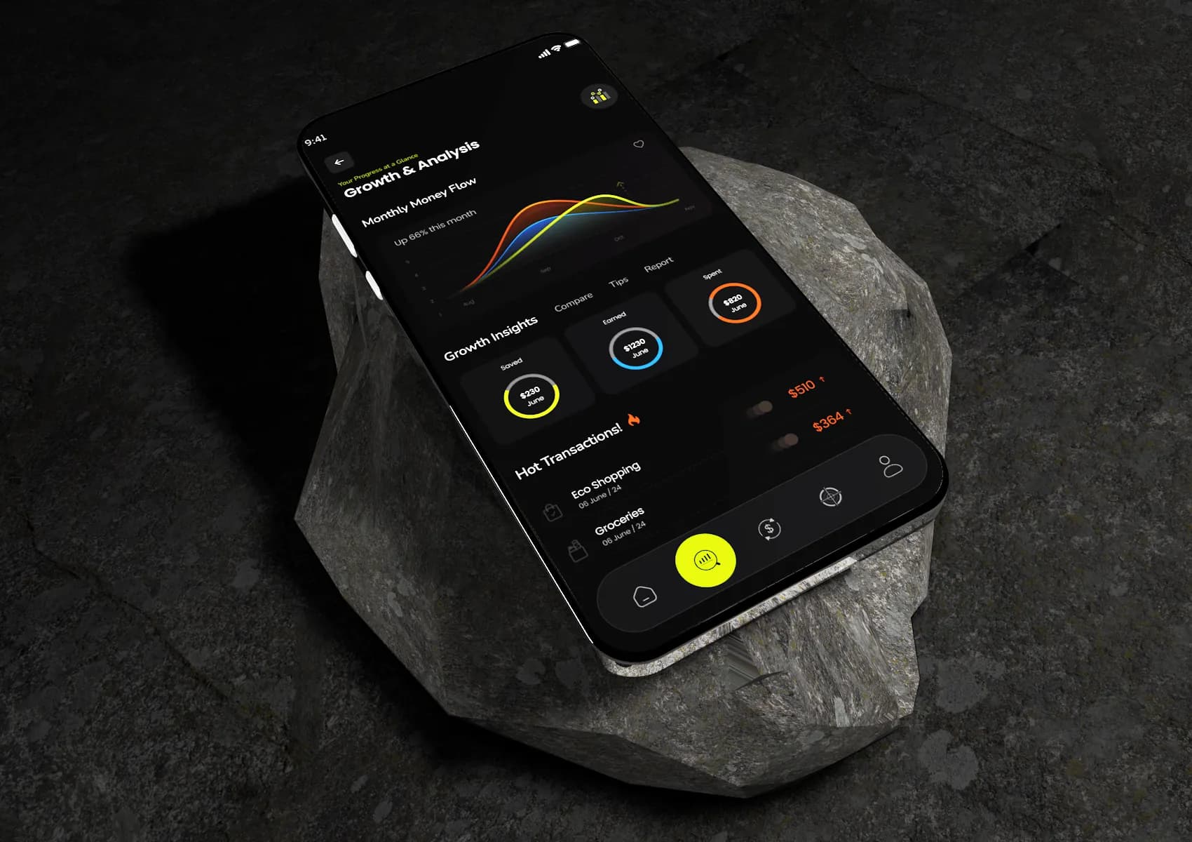 Mobile application interface mockup showing primary app screens